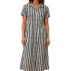 Loft Short Sleeve Button Down Collared Maxi Dress-Size 14-Gray/White Striped